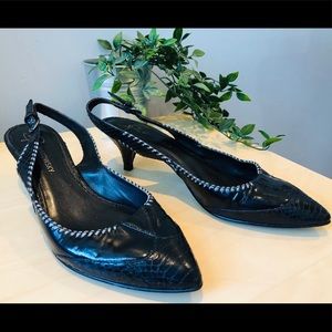 Sassy snakeskin kitten heel sling back